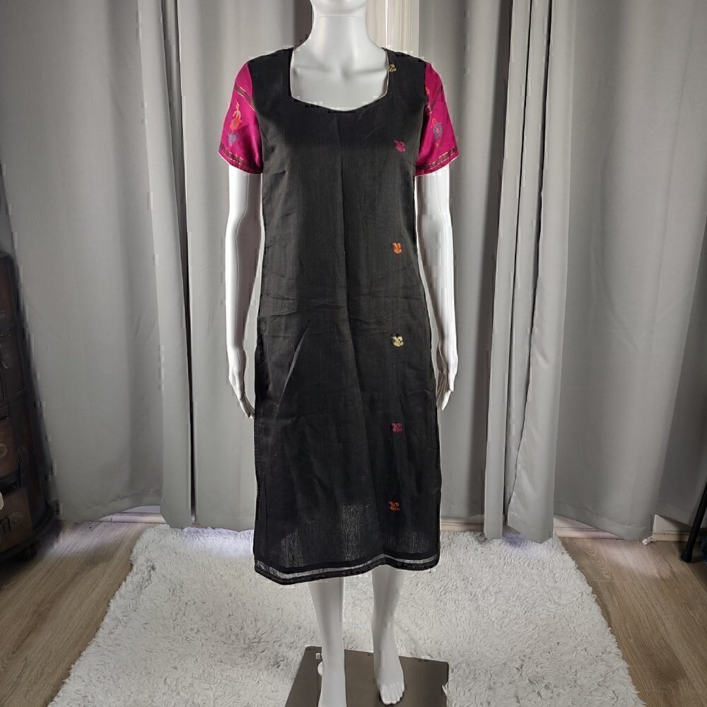 Artisanal Embroidered Linen Dress with Magenta Silk Sleeves Size M (Approximate)
